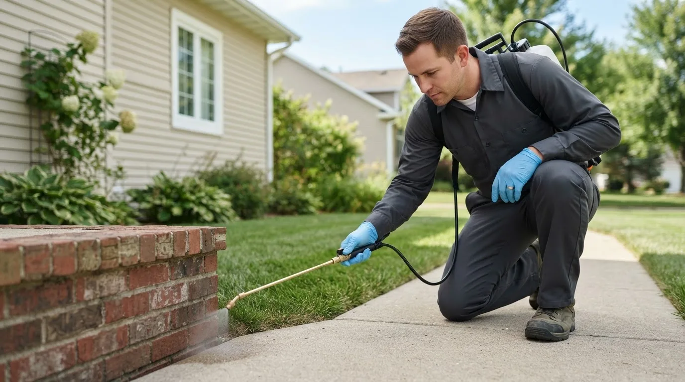 Pest control technician treating a home near West Leisenring, PA