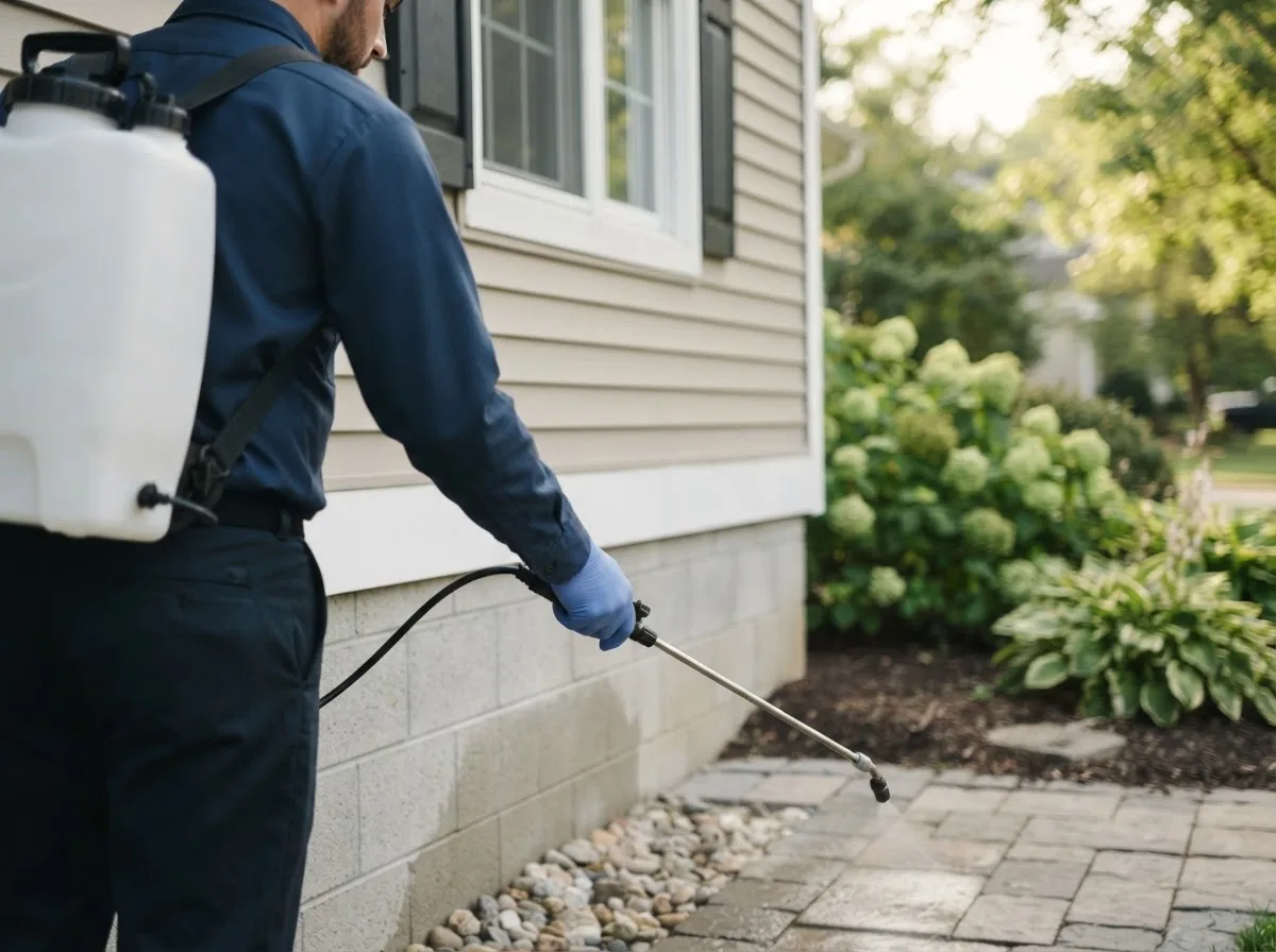 Pest control technician inspecting a home in West Leisenring, PA